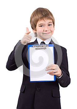 Boy with a board for write, isolated