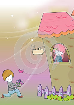 boy with bouquet proposing the girl. Vector illustration decorative design