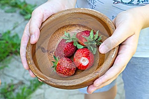 Boy with a bowl and four strawberries