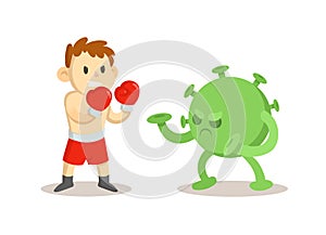 A boy boxer fights with a virus covid-19. Sports and a healthy lifestyle against the coronavirus pandemic. Cartoon