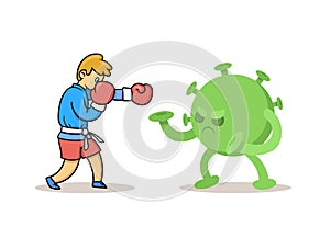 A boy boxer fights with a virus covid-19. Sports and a healthy lifestyle against the coronavirus pandemic. Cartoon