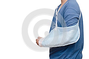 Boy with broken arm over white