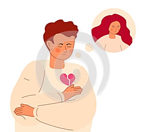 Boy with broken heart vector. Sad young man broke up with his girlfriend, divorced his wife