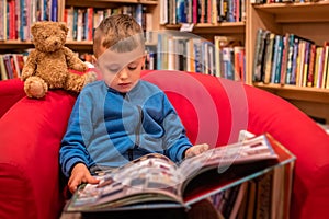 Boy browsing through book in a bookstore