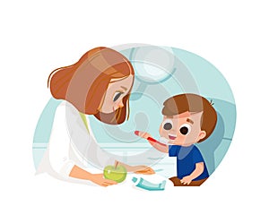 Boy brushing his teeth in a dentist`s office. Dental care.