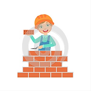 Boy Building A Brick Wall, Kid Dressed As Builder On The Construction Site Future Dream Profession Set Illustration