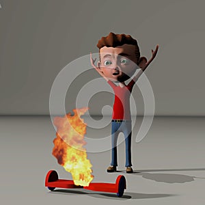 Boy and burning hoverboard