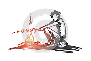 Boy, campfire, summer, rest, scout concept. Hand drawn isolated vector.