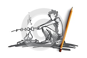 Boy, campfire, summer, rest, scout concept. Hand drawn isolated vector.