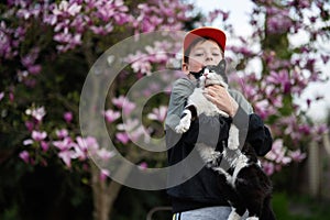 Boy in cap hold cat in hands against nice spring day near magnolia blooming tree