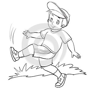 Boy in a cap in the summer walks on the street, outline drawing, coloring, isolated object on a white background, vector