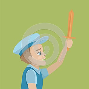 Boy in a cap with a wooden sword. Character vector illustration