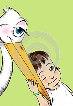 Boy caresses the beak of a stork