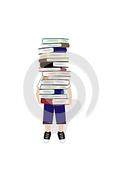 Boy carries a big stack of books, isolated on the white background, vertical vector