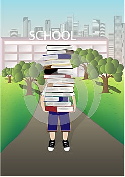 Boy carries a big stack of books on the school and cityscape background, vector illustration