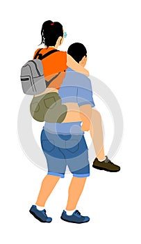 Boy carries girl on his back vector illustration isolated on white background. Funny game between friends.