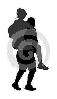 Boy carries girl on his back vector silhouette isolated on white background. Funny game between close friends. Couple in love funn