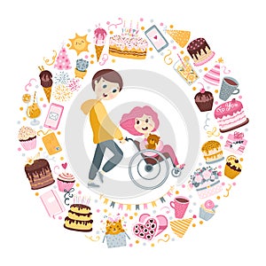 The boy carries the girl in a wheelchair. Friends, lovers. A circle made of festive elements. Friendly postcard. Cute