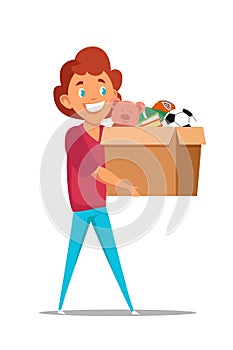 Boy carrying toys in box flat illustration