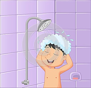 Boy cartoon in a bath room taking a shower