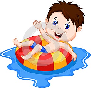 Boy cartoon floating on an inflatable circle in the pool