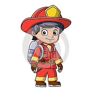 Boy cartoon wearing costume fire fighter