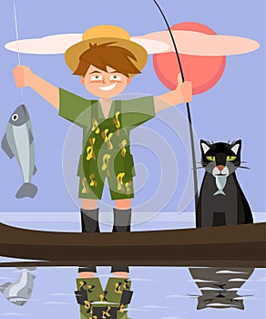 Boy and cat fishing from the boat vector cartoon
