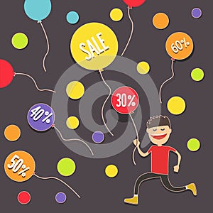 Boy is catching discounts. Balloons discount vouchers . Vector illustration