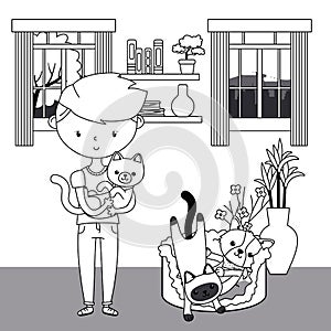 Boy with cats and dog cartoon design