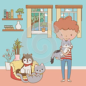 Boy with cats and dog cartoon design