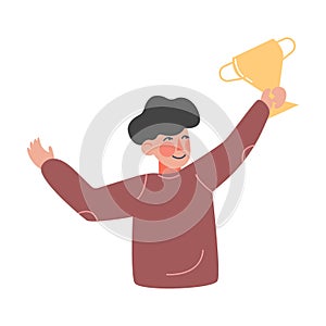 Boy Celebrating His Victory with Gold Winner Cup Cartoon Style Vector Illustration