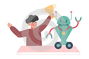 Boy Celebrating His Victory at Robotics Competition Cartoon Style Vector Illustration