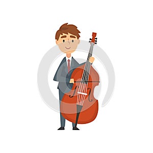 Boy Cello Player, Talented Young Cellist Character Playing Acoustic Musical Instrument, Concert of Classical Music