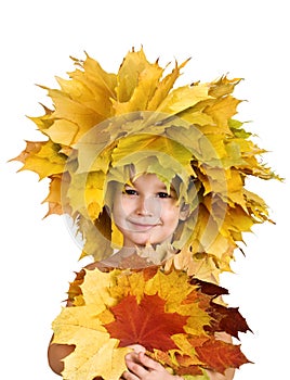 Boy with chaplet of yellow maple leaves photo