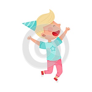 Boy Character with Blonde Hair in Birthday Hat Jumping with Joy Vector Illustration