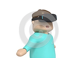 Boy character cartoon style hands up excited-funny with VR glasses technology video game concept 3d render