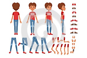 Boy character creation set, cute boy constructor with different poses, gestures, shoes vector Illustrations