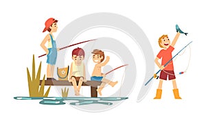 Boy Character in Fisherman Boots with Angling Rod Fishing Vector Set