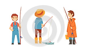 Boy Character in Fisherman Boots with Angling Rod Fishing Vector Set