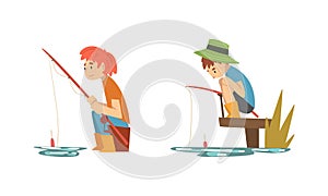 Boy Character in Fisherman Boots with Angling Rod Fishing Vector Set