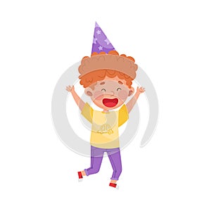 Boy Character with Red Hair in Birthday Hat Jumping with Joy Vector Illustration