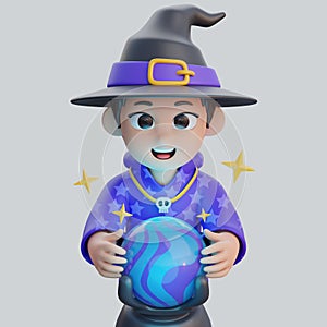 Boy Character in Wizard Costume Holding Magic Crystal Ball