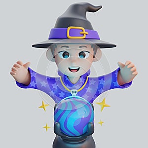 Boy Character in Wizard Costume with Magic Crystal Ball
