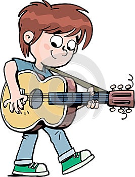 Boy plays the guitar and triggers one string photo