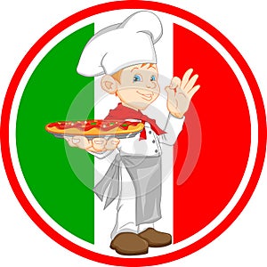 Boy chef cartoon holding pizza