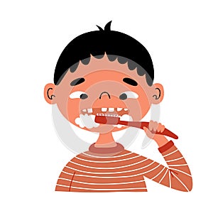 Boy child brushing teeth. Vector illustration.