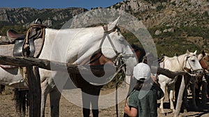 Boy child in a cap stroking a horse