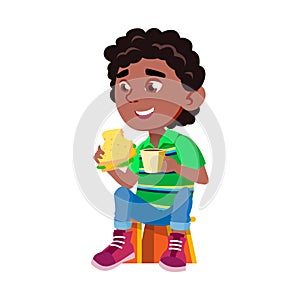 Boy Child Eating Sandwich And Drink Cocoa Vector