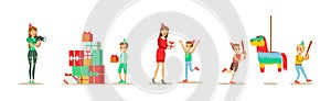 Boy Child at Happy Birthday Party Celebrating Holiday Vector Set