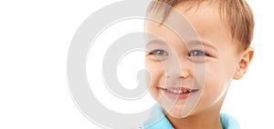 Boy, child and happy portrait in studio, white background and thinking in mockup space. Kid, face and smile with